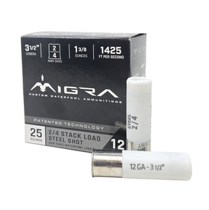 Migra Waterfowl 1,425 fps 12 Gauge 3-1/2" 1-3/8 oz #2 & 4 Steel Stacked Shot Shotgun Ammunition Migra Waterfowl 1,425 fps 12 Gauge 3-1/2" 1-3/8 oz #2 & 4 Steel Stacked Shot Shotgun Ammunition