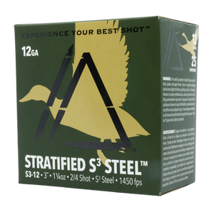 Apex Stratified Series 1450fps 12 gauge 3-inch 1-1/4oz #2 and #4 blended steel shot shells for waterfowl hunting, featuring non-toxic layered payload for dense patterns and high-velocity performance. Apex Stratified Series 1450fps 12 gauge 3-inch 1-1/4oz #2 and #4 blended steel shot shells for waterfowl hunting, featuring non-toxic layered payload for dense patterns and high-velocity performance.