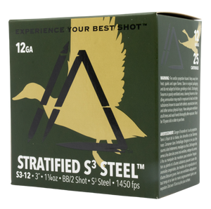 Apex Stratified Series 1450fps 12 gauge 3-inch 1-1/4oz #BB and #2 blended steel shot shells for waterfowl hunting, showcasing layered non-toxic payload for dense mid-range patterns and extreme velocity knockdown. Apex Stratified Series 1450fps 12 gauge 3-inch 1-1/4oz #BB and #2 blended steel shot shells for waterfowl hunting, showcasing layered non-toxic payload for dense mid-range patterns and extreme velocity knockdown.