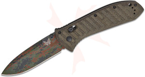 SHOT Show 2026 Limited Edition Presidio II Axis Drop Point Blade Folding Knife with Camo Cerakote Blade and OD Green Canvas Micarta Handle by Benchmade
