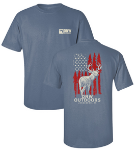 Deer Flag DNW Outdoors Logo Short Sleeve Tee Shirt in Blue Jean and Moss featuring a whitetail buck and American flag back graphic.