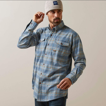 Rebar Flannel Distressed Long Sleeve Shirt in Indian Teal Plaid by Ariat.6
