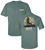 Hunter Camo Circle DNW Outdoors Logo Short Sleeve Tee Shirt in Blue Spruce, Khaki, and Light Green. Features a back print of a hunter and lab silhouette with a camo sun.