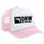 DNW Outdoors logo foam rope trucker hat in baby pink and white with adjustable snapback and classic duck logo.
