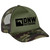 DNW Outdoors foam rope trucker hat featuring a camo mesh back, olive green structured front, and retro visor rope.