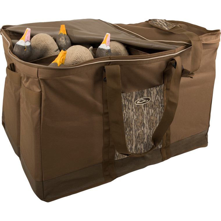 Drake Waterfowl 6 Slot Zippered-Top Decoy Bag in Mossy Oak Bottomland camo with padded shoulder strap and individual decoy compartments
