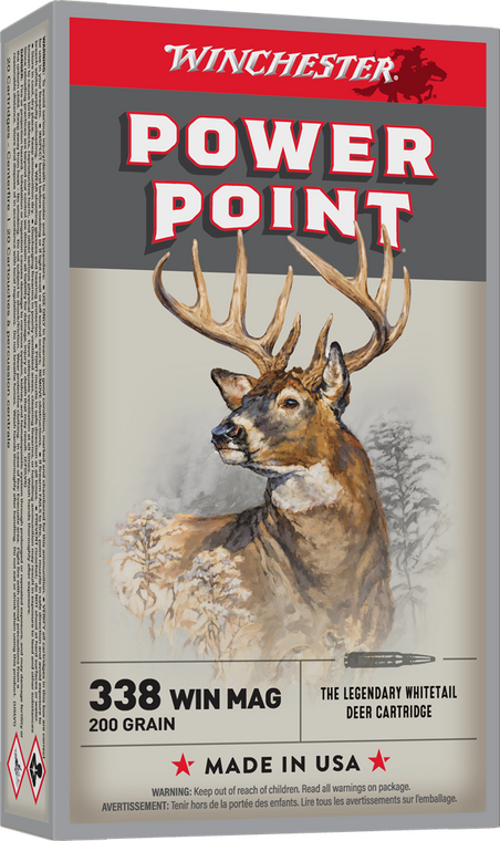 Winchester Power-Point .338 Magnum, 200 Grain Jacketed Soft Point, Rifle Ammunition - Box