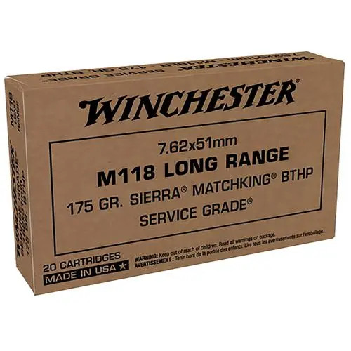 Winchester Service Grade 2,620 fps 7.62x51mm NATO 175 Grain Sierra Match King Hollow Point Boat Tail Rifle Ammunition