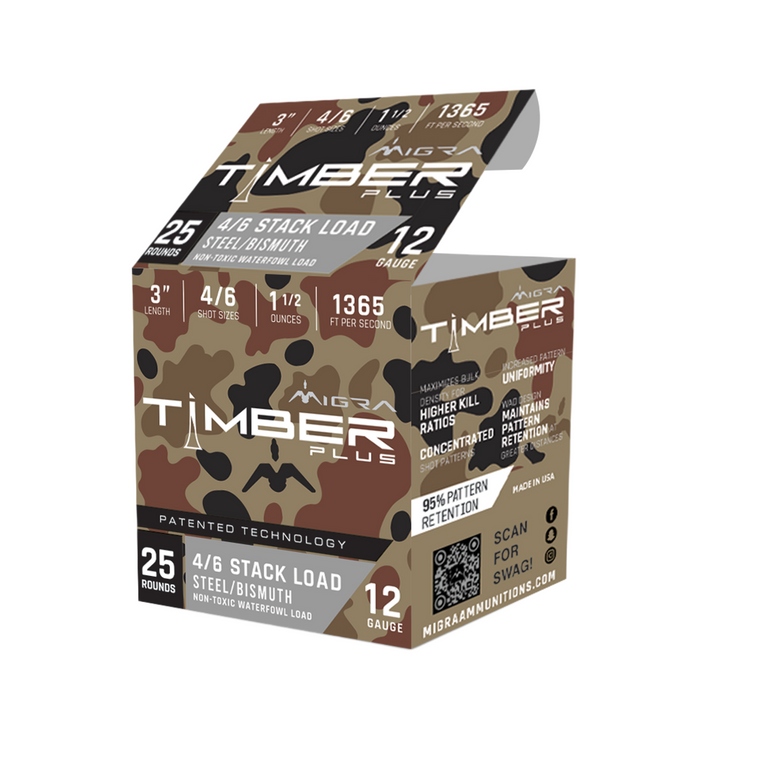 Migra Timber Plus 1,365 fps 12 Gauge 3" 1-1/2 oz #4 & 6 Stacked Bismuth/Steel Shot Shotgun Ammunition