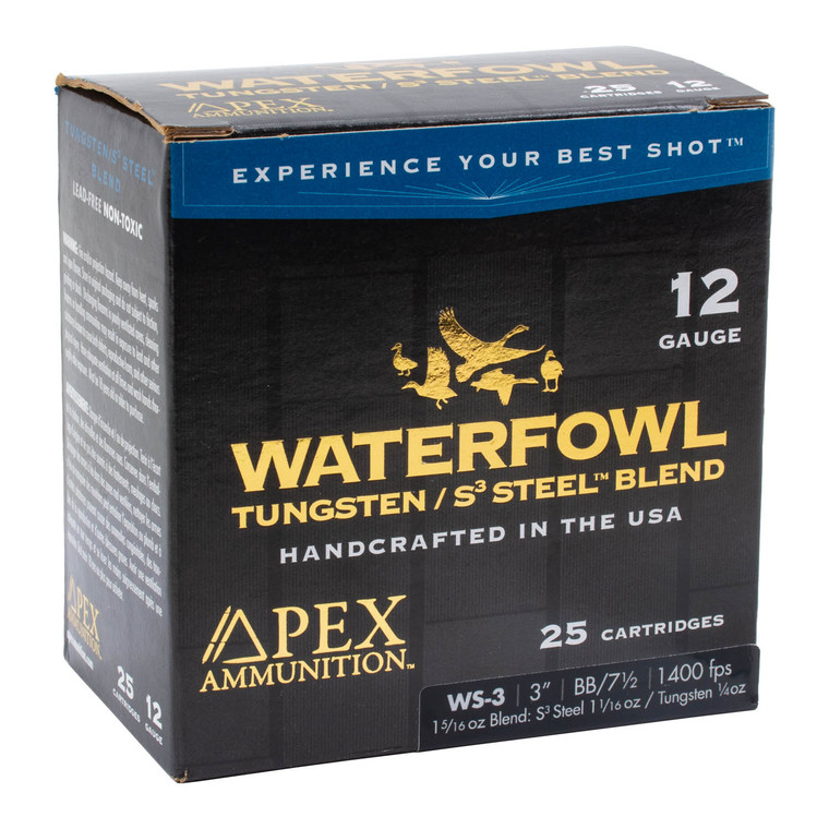 Apex Waterfowl 12 Gauge 25 Rounds, Tungsten S³ Steel Blend #BB/7.5, Shotgun Ammunition
