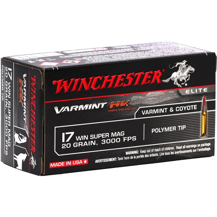 Winchester Varmint HV 3,000 fps 17 Winchester Super Magnum 20 Grain Polymer Tip Rimfire Ammunition
