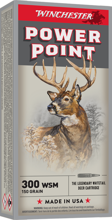 Winchester .300 Short Magnum, 150 Grain Power-Point Jacketed Soft Point, Rifle Ammunition - Box