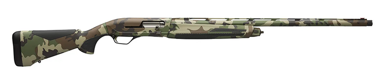 Browning Maxus II 12ga Semi-Auto Shotgun full view with 26-inch Woodland camo barrel and composite stock