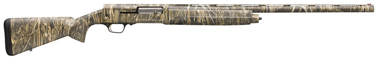 Browning A5 12ga shotgun with a 28" barrel, 3-1/2" chamber, and Realtree Max-7 camouflage finish, featuring a Kinematic Drive System, lightweight aluminum alloy receiver, Invector-DS choke system, and fiber-optic front sight, designed for superior waterfowl hunting performance in wetland environments.