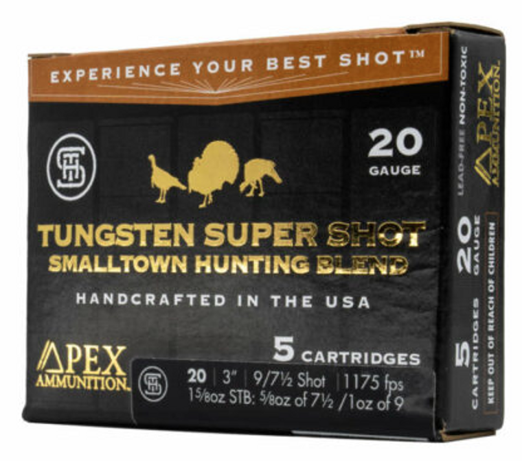 Apex Smalltown Hunting Blend TSS 20ga 3" 1-5/8oz #7.5 and # 9 Blended Shot Turkey Hunting Shotgun Ammunition Apex Smalltown Hunting Blend TSS 20ga 3" 1-5/8oz #7.5 and # 9 Blended Shot Turkey Hunting Shotgun Ammunition