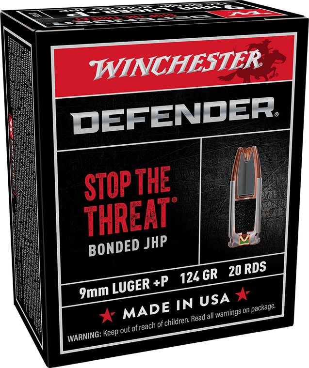 Winchester Defender 9mm Luger +P 124gr Jacketed Hollow Point Handgun Ammunition