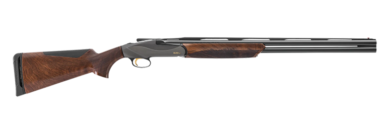 Benelli 828 U Steel 20 Gauge 28" Barrel 3" Chamber over/under shotgun with brushed gray engraved receiver, gloss blued barrel, and AA-grade satin walnut stocks for upland bird hunting and sporting clays versatility.