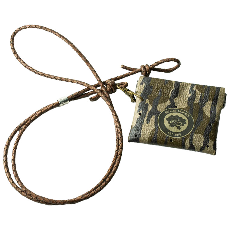 Leather Turkey Call Wallet with Mossy Oak Bottomland in Lay by Rolling Thunder Game Calls