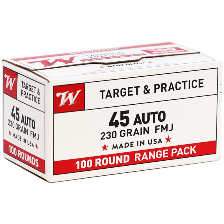 Winchester USA Target & Practice 100 Round Range Pack 835 fps 45 ACP 230 Grain Full Metal Jacket Handgun Ammunition