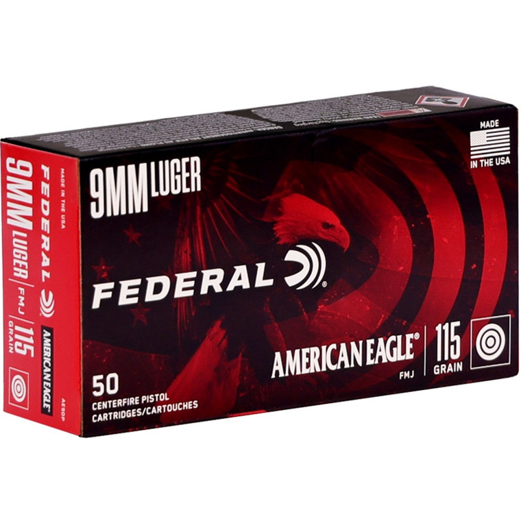 Federal American Eagle 50 Round Pack 1,180 fps 9mm Luger 115 Grain Full Metal Jacket Handgun Ammunition