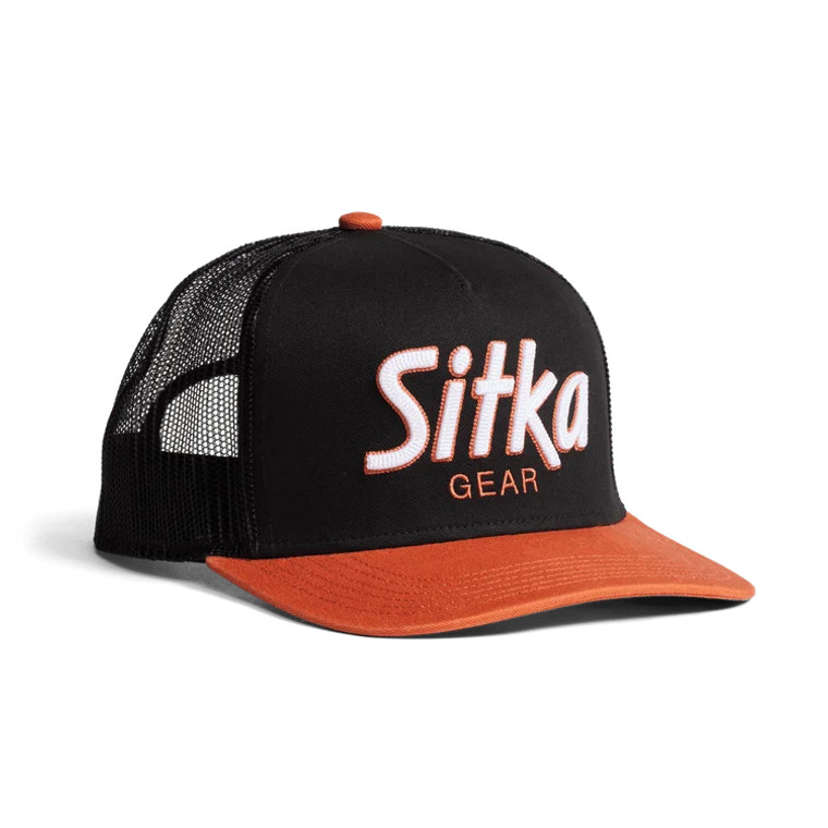 90s Script Hi Pro Trucker Hat, by Sitka - Black/Orange Front