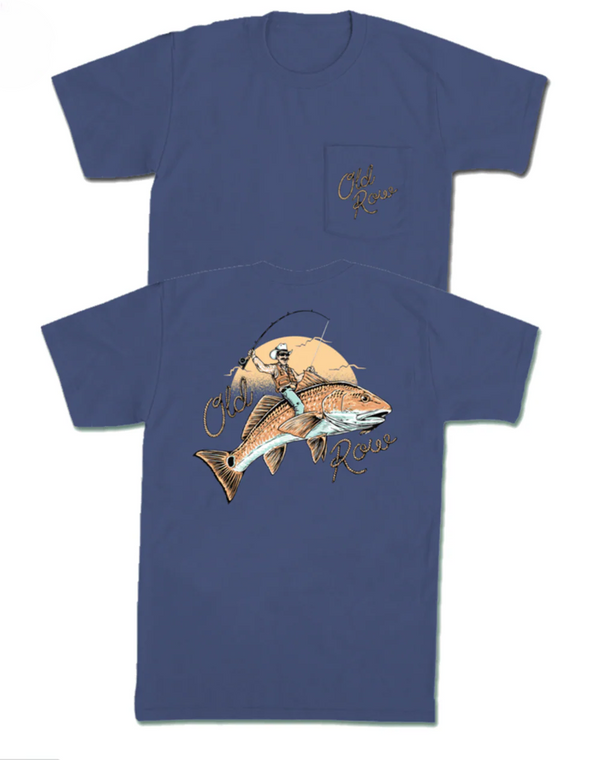 China Blue "Bucking Fish" Pocket T-Shirt by Old Row