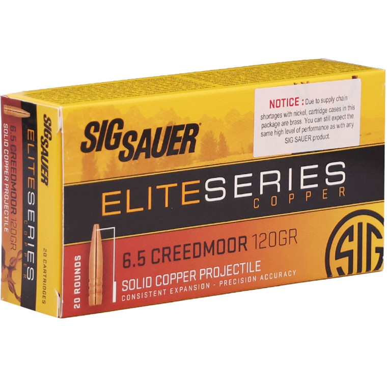 Sig Sauer Elite Performance Hunting 2,825 fps 6.5 Creedmoor 120 Grain Solid Copper Lead Free Expanding Rifle Ammunition
