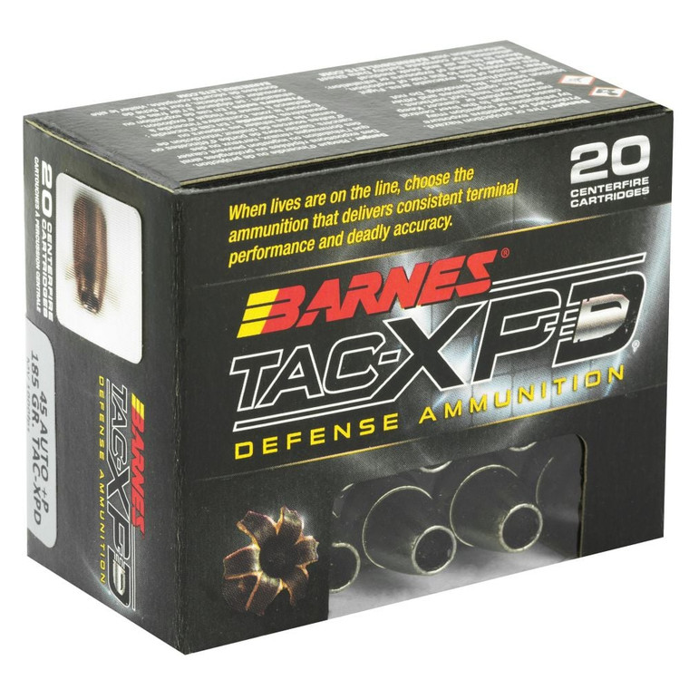 Barnes TAC-XPD Defense 1,100 fps 45 ACP 185 Grain Solid Copper Hollow Point Handgun Ammunition