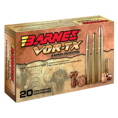 Barnes Vor-Tx Safari 2,150 fps 470 Nitro Express 500 Grain Banded Solid Flat Nose Rifle Ammunition