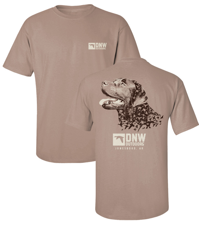Lab and Duck Mosaic DNW Outdoors Logo Short Sleeve Tee Shirt in Brown Savannah, Moss, and Sage showing the Labrador retriever and duck flight back graphic.
