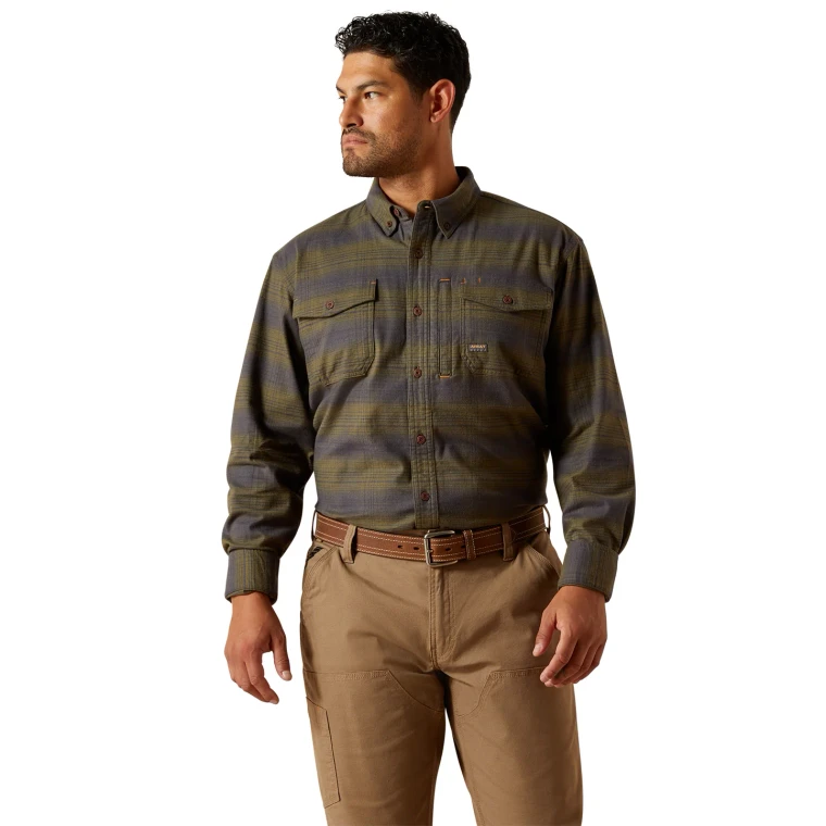 Men's Rebar Flannel DuraStretch Burnt Olive Work Shirt by Ariat