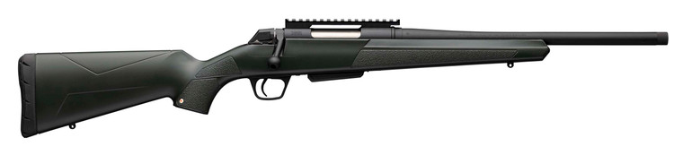 Winchester XPR Stealth Suppressor Ready 350 Legend Bolt Action Rifle with 16.5-inch button-rifled barrel, green composite stock, and Perma-Cote black finish for precision deer hunting and tactical shooting.