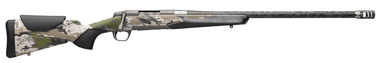 Browning X-Bolt 2 Speed 7mm PRC Bolt Action Rifle with 24-inch carbon fiber barrel, OVIX Camo Vari-Tech stock, Tungsten Cerakote finish, and Recoil Hawg muzzle brake, perfect for big game hunting and long-range accuracy.