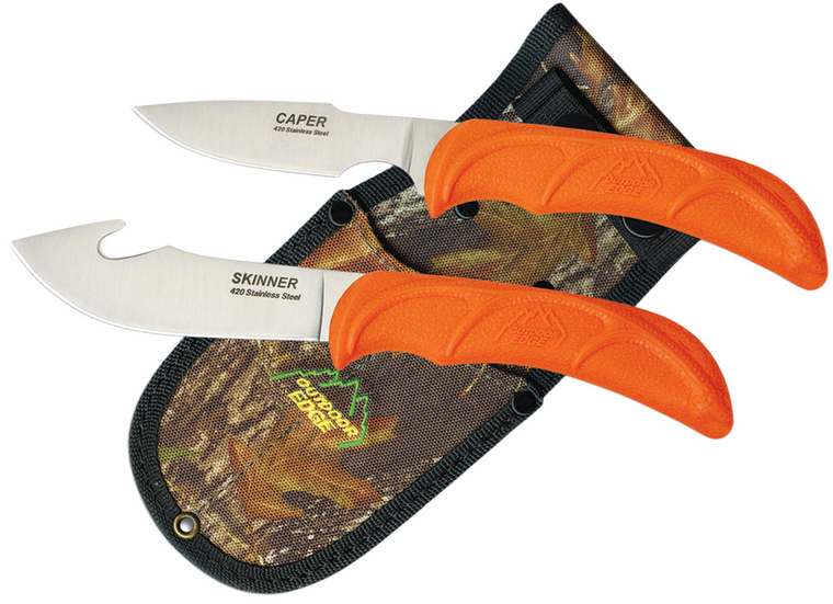 Wild Pair Skinner/Caper Fixed Blade Knife Combo Set with Mossy Oak Nylon Sheath by Outdoor Edge