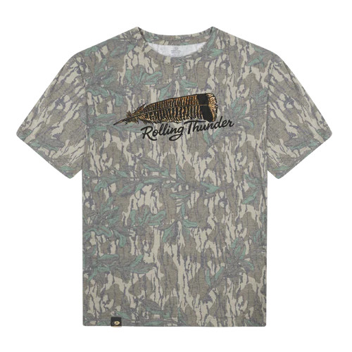 Men's Turkey Feather Washed Out Mossy Oak Greenleaf Camo Short Sleeve Tee Shirt by Rolling Thunder