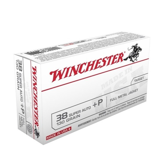 Winchester USA 1,215 fps 38 Super +P 130 Grain Full Metal Jacket Handgun Ammunition