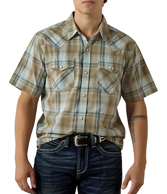 Men's Retro Hawke Fitted Snap Green Long Sleeve Shirt by Ariat
