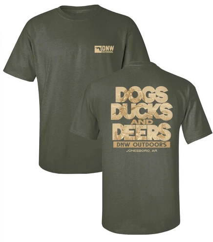 Dogs, Ducks and Deer DNW Outdoors Logo Short Sleeve Tee Shirt featuring a stacked hunting typography design on the back of a Comfort Colors garment-dyed shirt.
