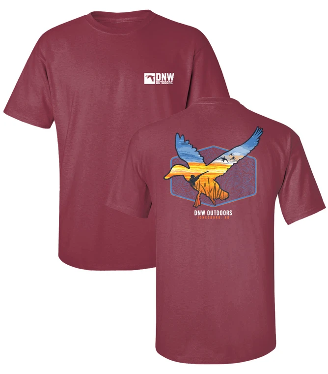 Close-up of the Sunrise Flight back graphic on a Chili red Comfort Colors shirt with Jonesboro,AR branding.