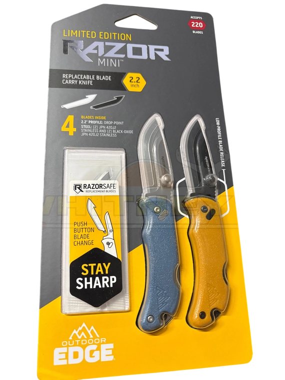 2 Pack RazorMini Limited Edition Stainless Steel & Black Oxide 2.2" Blade Drop Point Folding Knives by Outdoor Edge