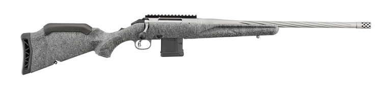 American Gen 2 .223 Bolt Action Rifle with 20 Inch Spiral Fluted Threaded Gun Metal Gray Cerakote Barrel in Gray Splatter Stock by Ruger