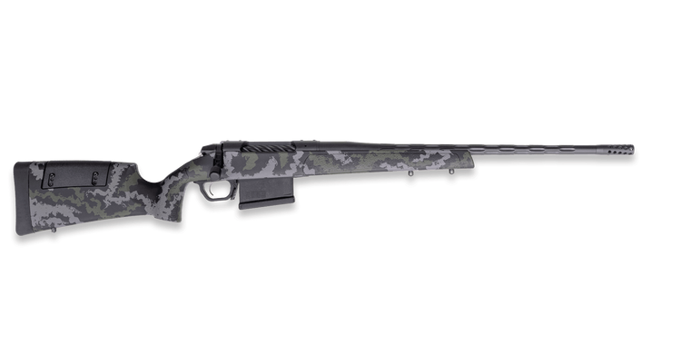 Model 307 Range XP 2.0 25 Creedmoor Bolt Action Rifle with 24 Inch Fluted Graphite Cerakote Barrel and 2" Brake in Gray/Green Sponge Camo Stock