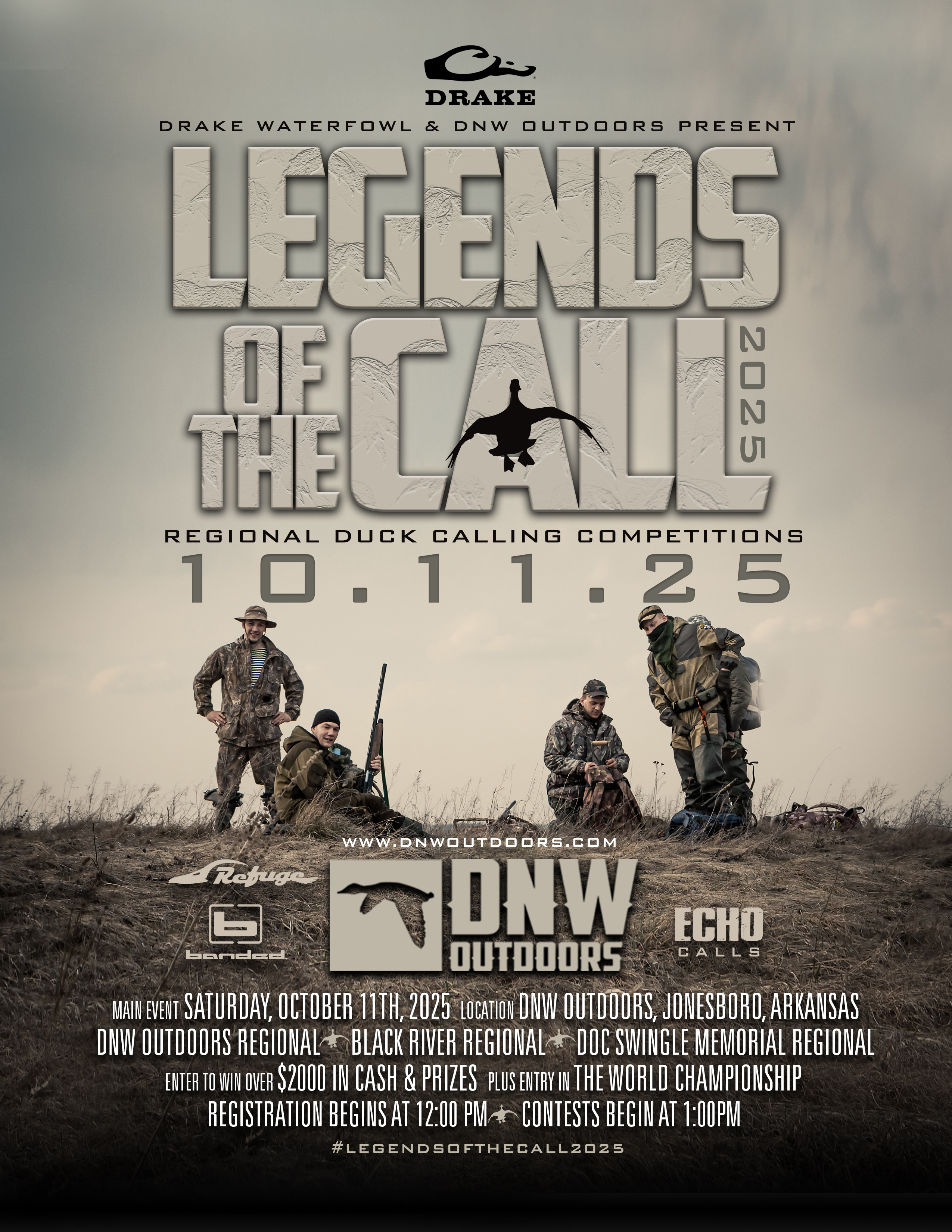 Exciting scene from the Legends of the Call duck calling competition at DNW Outdoors in Jonesboro, Arkansas, showcasing top contestants in the DNW Outdoors Regional Duck Calling Contest and Black River Regional Duck Call Competition, perfect for waterfowl hunting enthusiasts seeking custom duck calls and world championship qualifiers