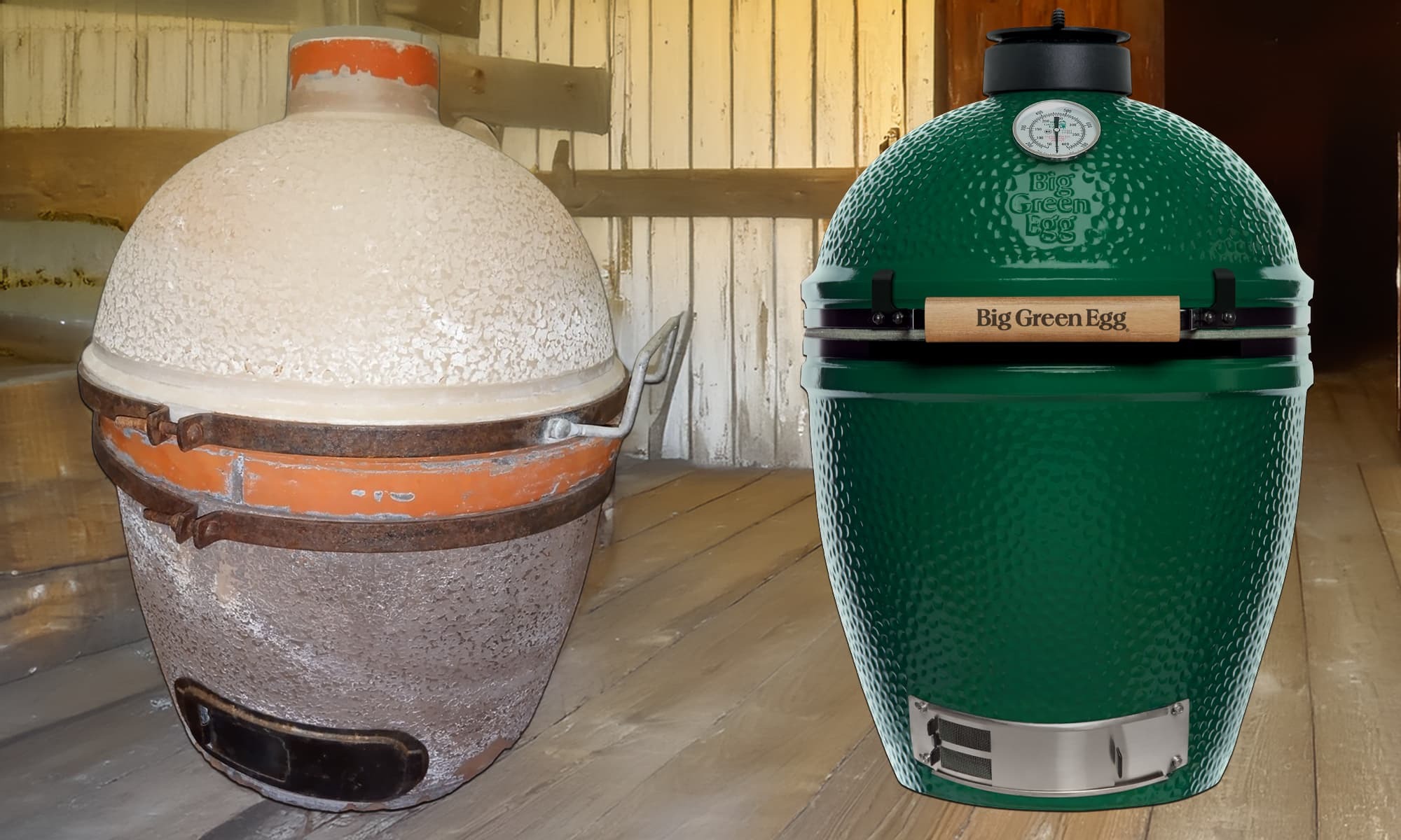 Vintage-style side-by-side of ancient Japanese kamado and modern Big Green Egg
