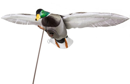 Clone Mallard Drake Motion Decoy by Higdon Outdoors, designed to mimic real-life flapping ducks with realistic wing beat and true flying body posture. Includes remote control (syncs up to six decoys), remote stand, power cord, and durable carrying/storage case. Ideal for attracting waterfowl during hunting with lifelike details and motorized movement.