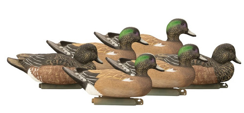 Battleship Wigeon Foam Filled Duck Decoys by Higdon Outdoors, 6-pack featuring realistic high-contrast feather details, weighted self-righting keel for easy setup, multiple head postures, and foam-filled durability. Includes 4 Upright Drakes and 2 Resting Hens, designed to attract Wigeon and other waterfowl with vibrant colors and natural tones. Official Decoy of Ducks Unlimited.