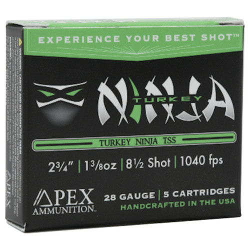Apex Turkey Ninja TSS 28ga 2-3/4-inch 1-3/8oz #8.5 Shotgun Shells, lightweight tungsten ammunition for turkey hunting with dense patterns, extended range, and powerful knockdown performance.