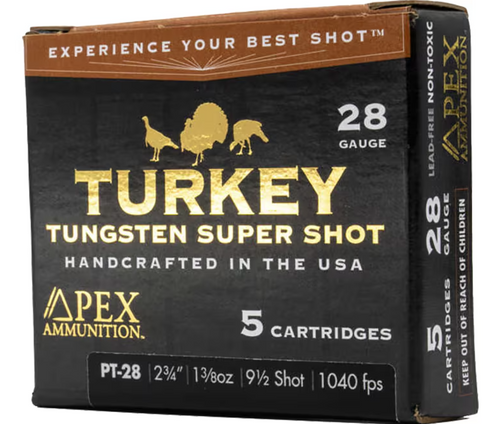 Apex Turkey TSS 28ga 2-3/4-inch 1-3/8oz #9 Shotgun Shells, premium tungsten ammunition for turkey hunting with dense patterns, long-range precision, and powerful knockdown performance.