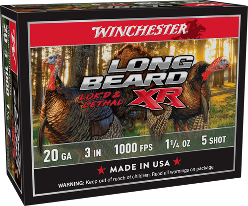 Winchester Long Beard XR 20ga 3" 1-1/4oz #5 Shot Turkey Hunting Shells – 1000 fps velocity, Shot-Lok® Technology, and tight long-range patterns for precise and effective turkey hunting.