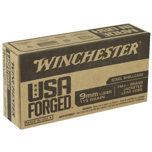 Winchester USA Forged 9mm Luger 115gr FMJ Steel Case Handgun Ammunition
